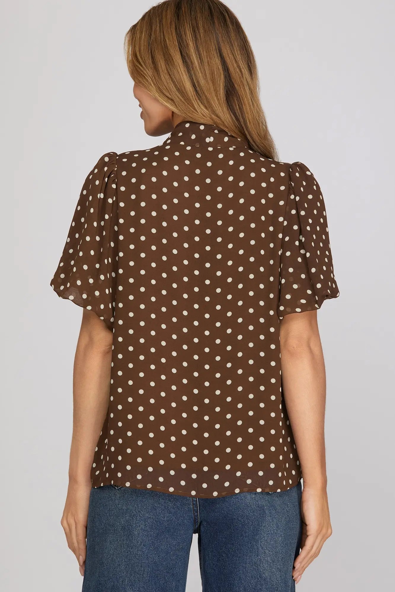 Polka Dot Bow Tie Neck Puff Sleeve Top