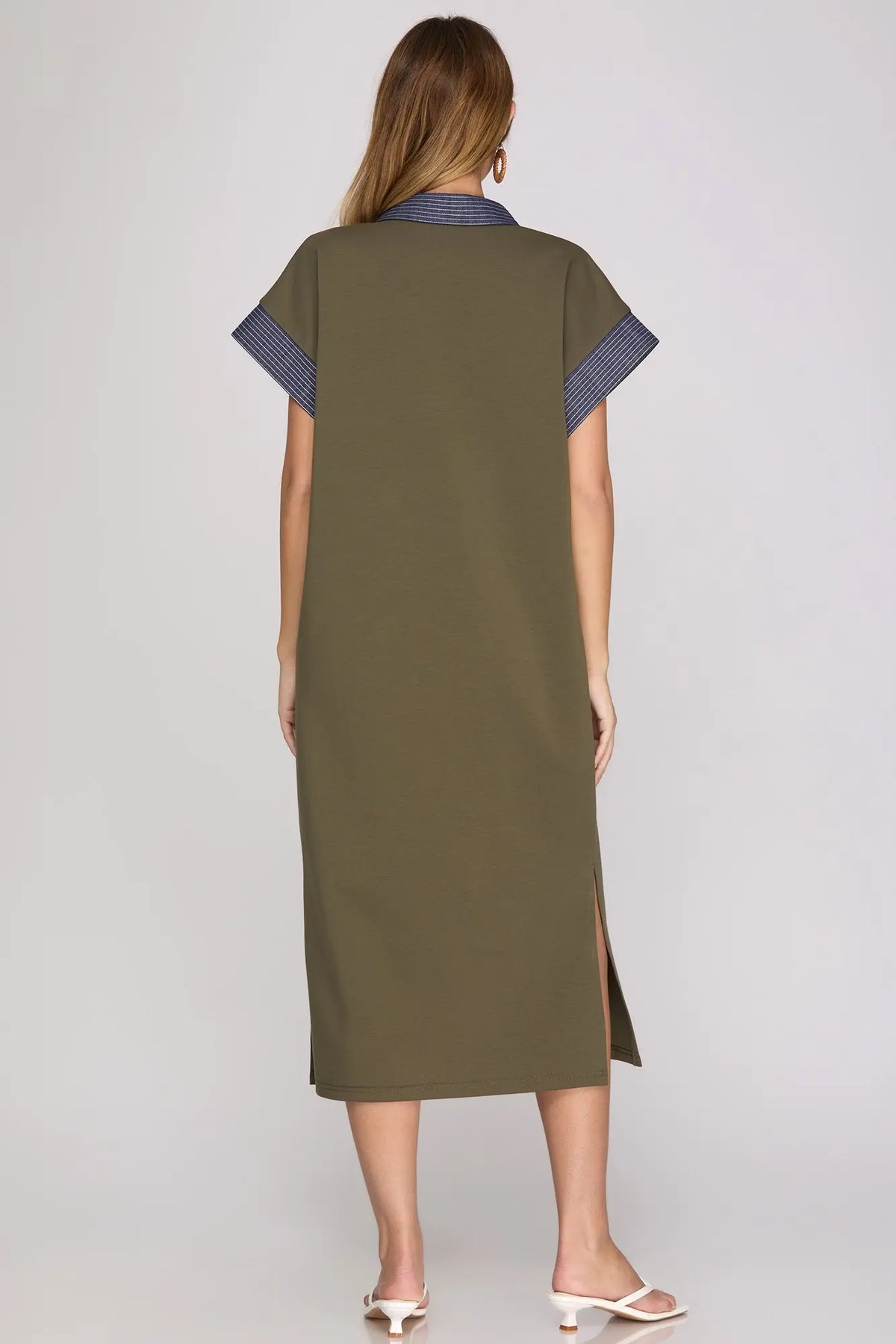 Solid Collared V-Neck Contrast Stripe Trim Midi Dress-Olive