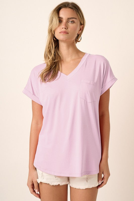 Solid V-Neck Cuffed Sleeve Pocket Top