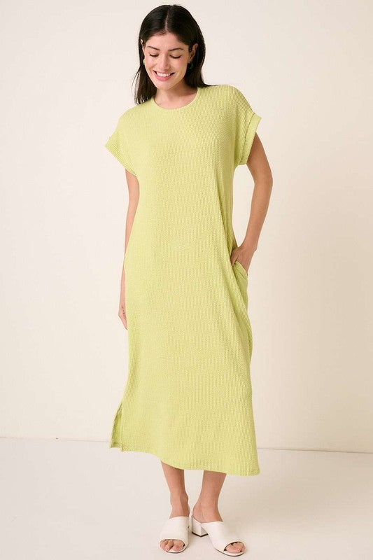 Solid Rib Knit Short Sleeve Midi Dress