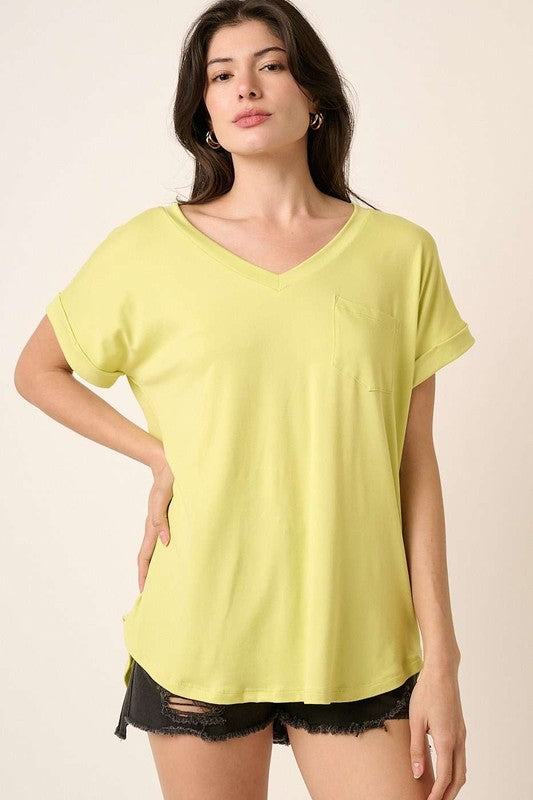 Solid V-Neck Cuffed Sleeve Pocket Top