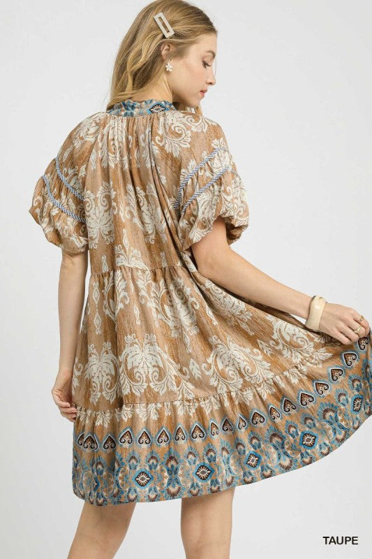 Medallion Border Print Tie Neck Tiered Dress-Taupe