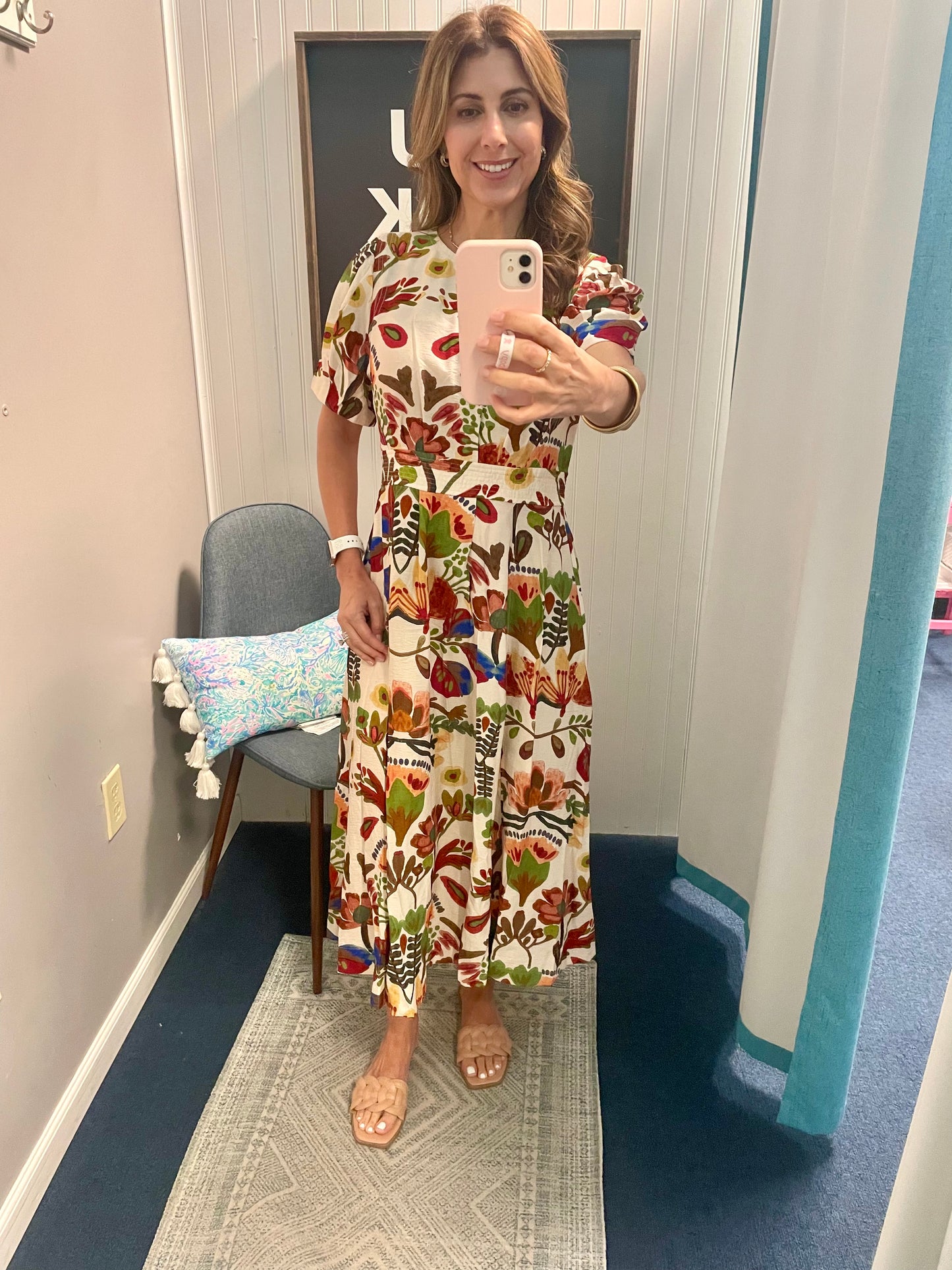 Geo Floral Round Neck Midi Dress- Brown