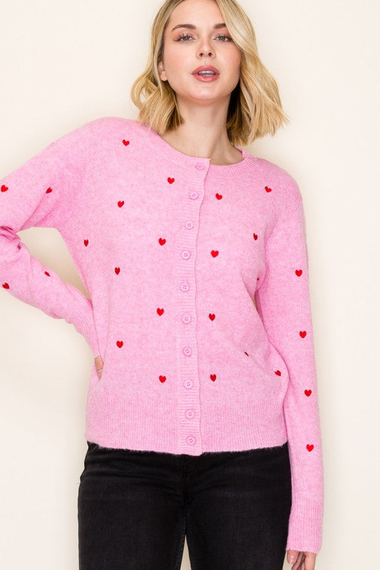 Heart Embroidered Button Down Cardigan Sweater-Pink