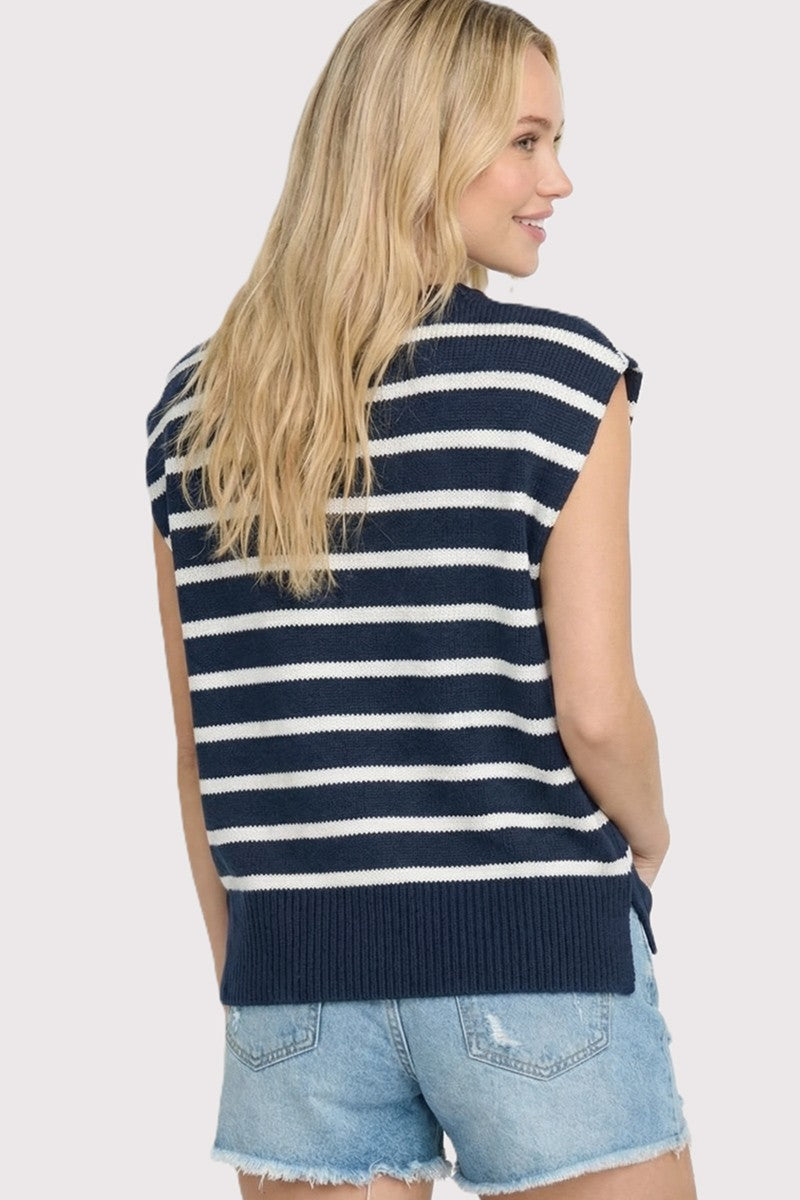 Striped Cap Sleeve Wide Band Sweater-Navy