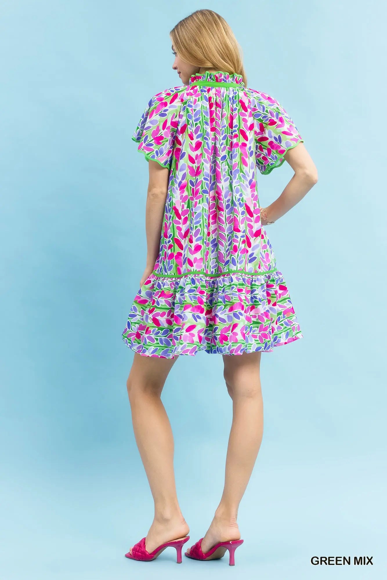 Vine Cluster Split Neck Scallop Flutter Sleeve Dress-Green Mix