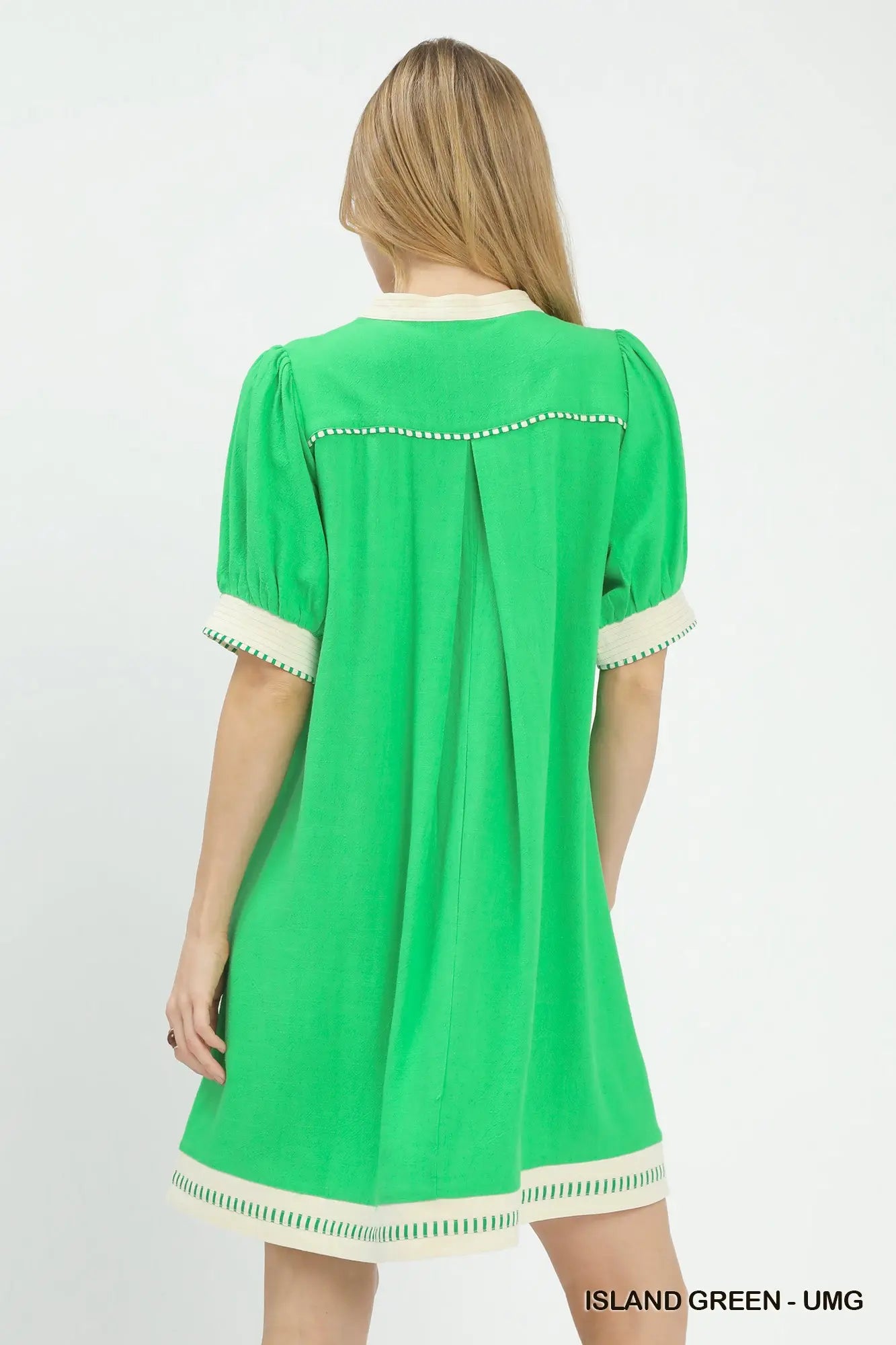 Linen V-Neck Puff Sleeve Contrast Trim Dress-Green