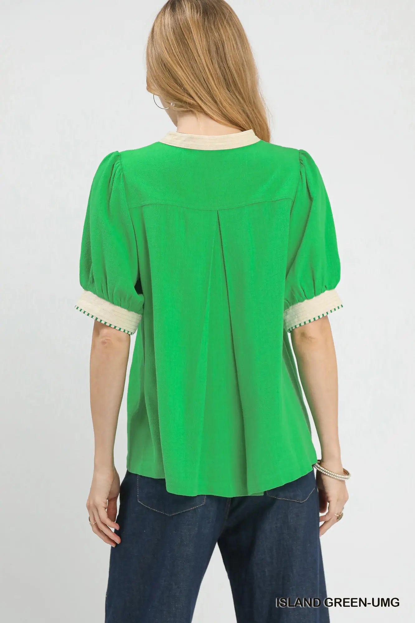 Linen V-Neck Puff Sleeve Contrast Trim Top-Green