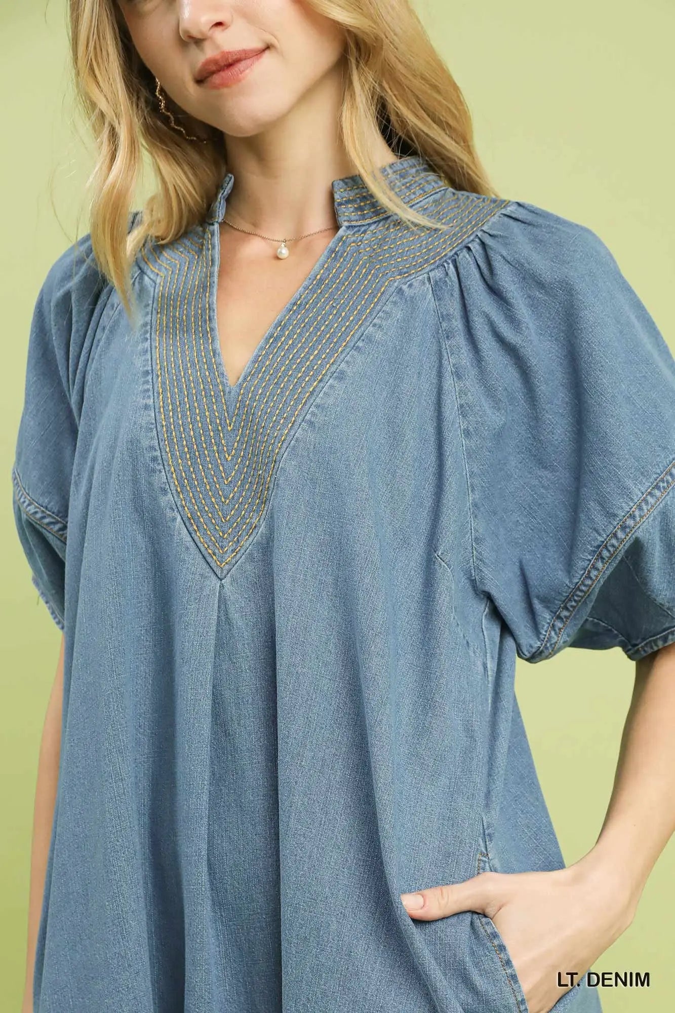 Denim Contrast V-Neck Puff Sleeve Dress-Light