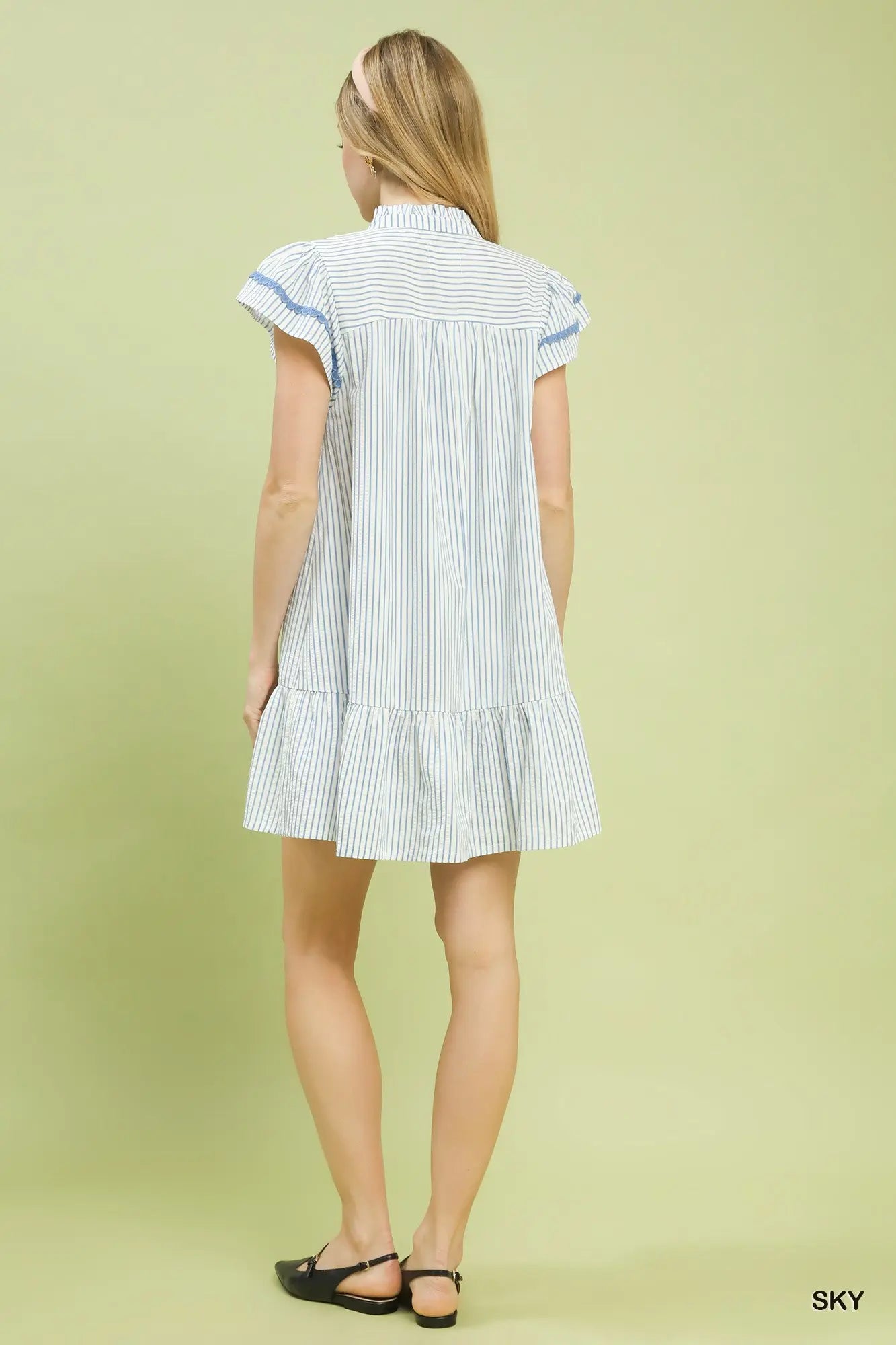 Vertical Stripe Flutter Contrast Sleeve Dress-Sky