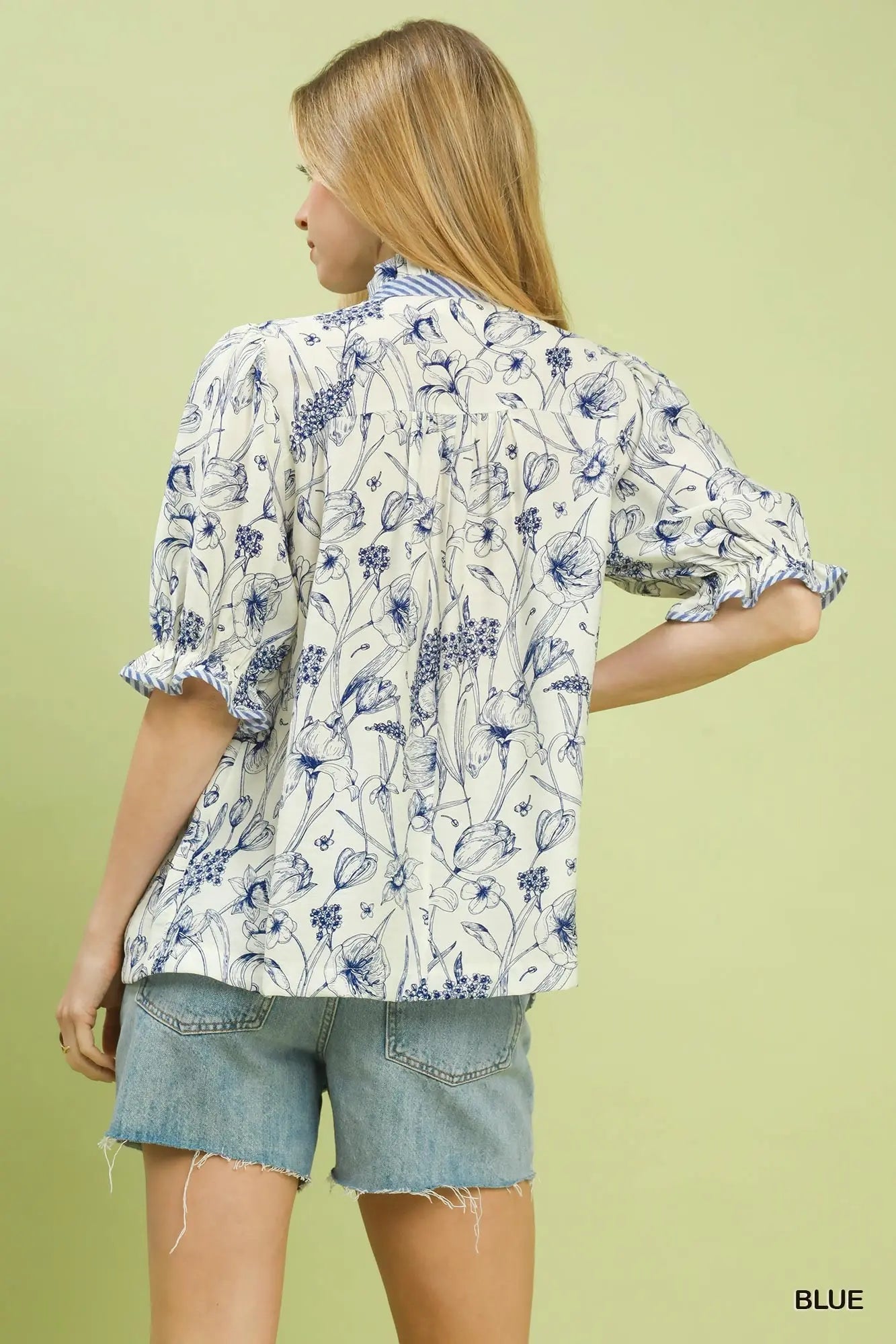 Floral Smocked Yoke Contrast Stripe Button Up Top-Blue