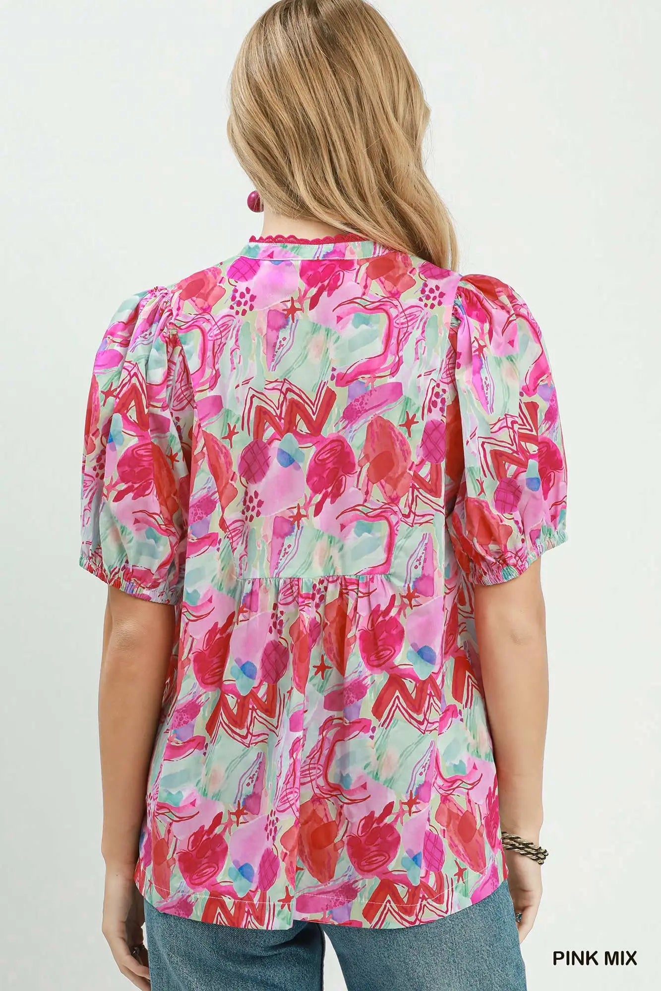 Abstract Print Contrast V-Neck Puff Sleeve Top-Pink
