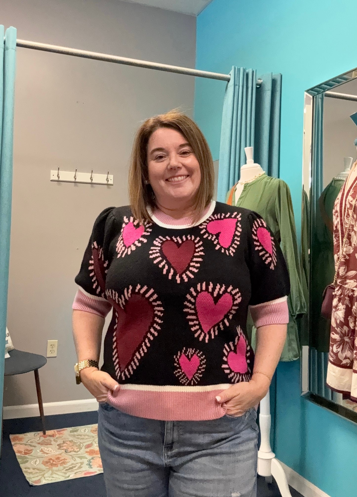 Puff Sleeve Heart Short Sleeve Sweater-Black