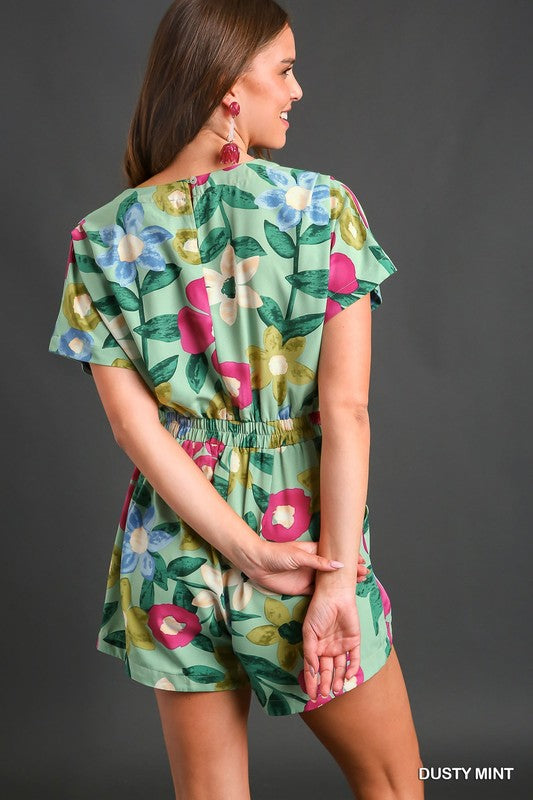 Floral V-Neck Smocked Waist Romper- Mint