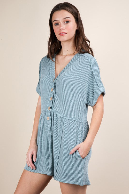 Ribbed Button Down Dolman Sleeve Romper