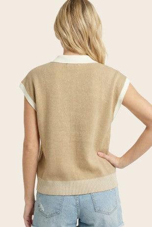 Johnny Collar Contrast Accents Sweater-Taupe