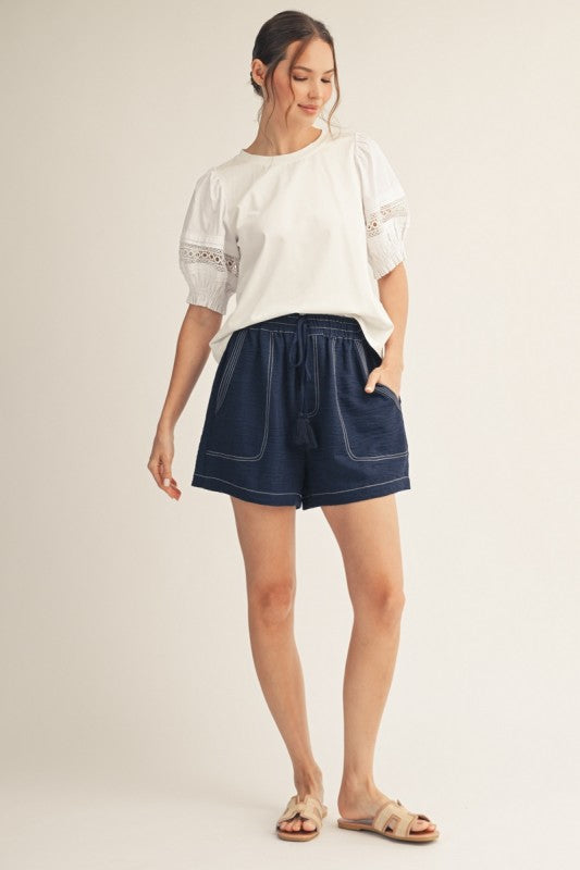 Drawstring Tassel Waist Contrast Stitch Short