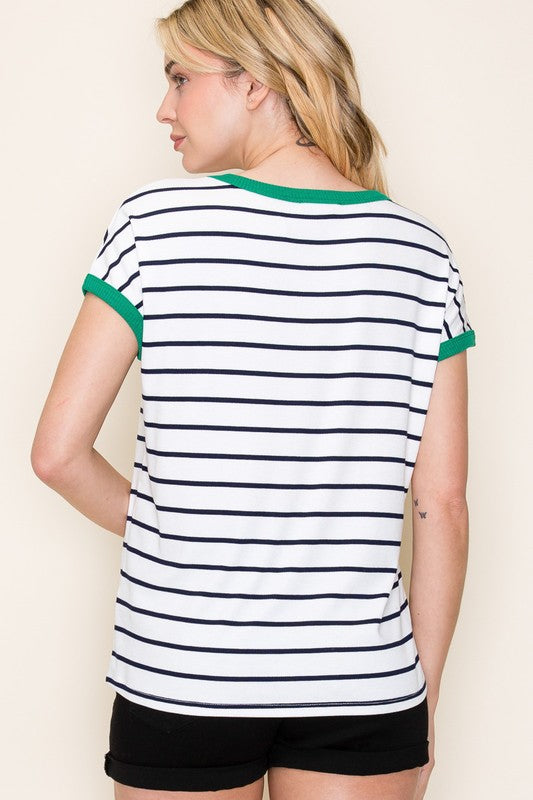 Color Trimmed Striped Crew Neck Top