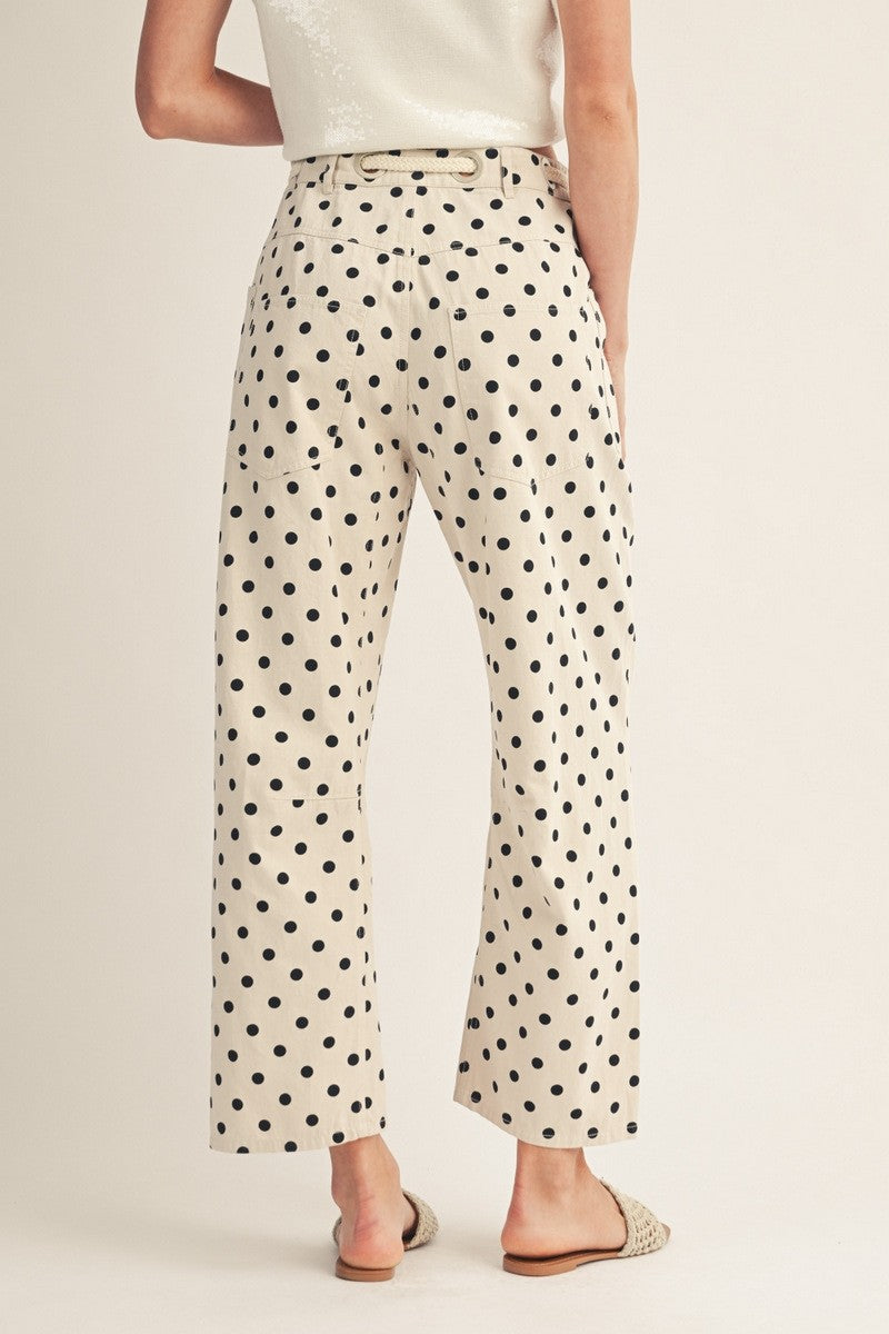 Polka Dot Drawstring Barrel Pant-Beige