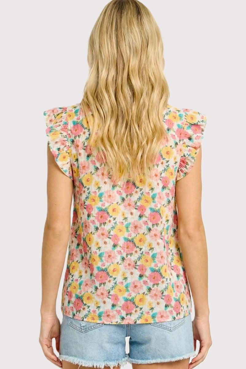 Floral Split Neck Ruffle Cap Sleeve Top-Yellow