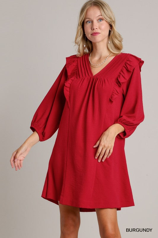 Solid V-Neck Ruffle Pleat Detail Balloon Sleeve Dress