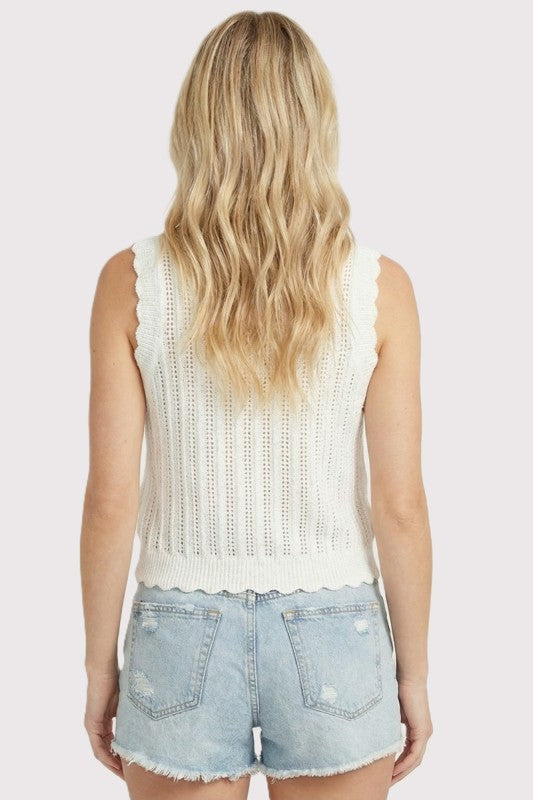 Sleeveless Scallop Hem Button Down Sweater-Off Wht