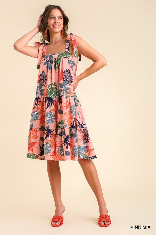 Sleeveless Tie Shoulder Tropical Floral Tiered Dress