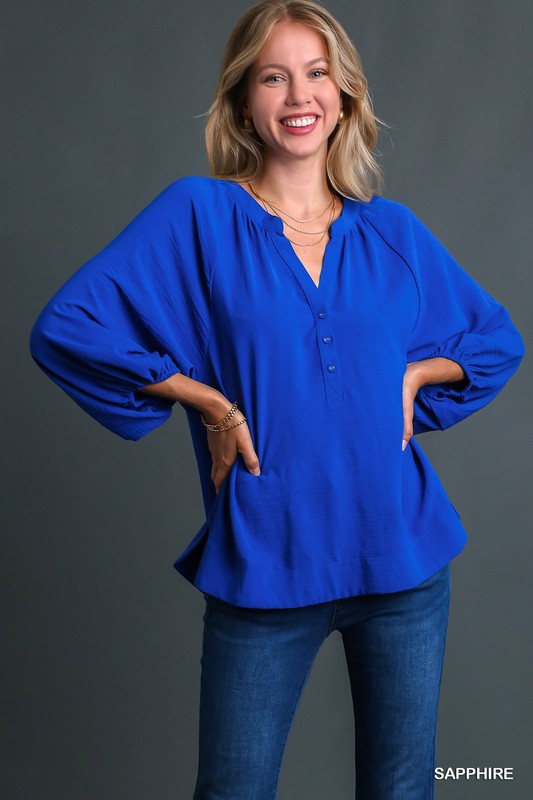 Solid Notched Neck Button Detail 3/4 Sleeve Top