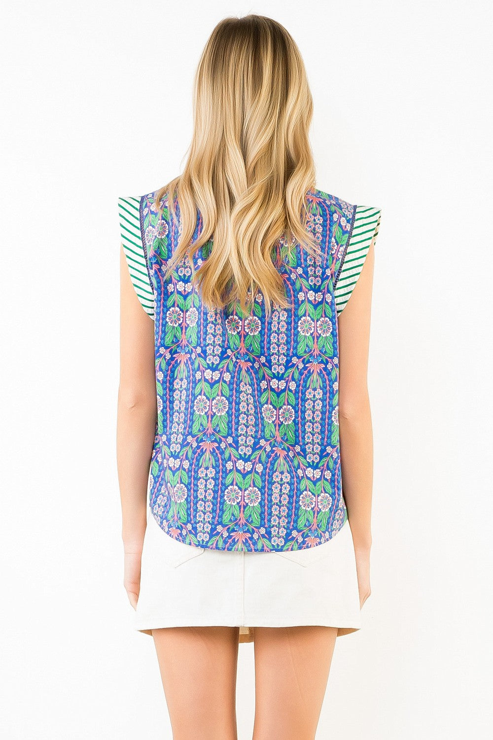 Floral Vine & Contrast Trim Cap Sleeve Top-Blue