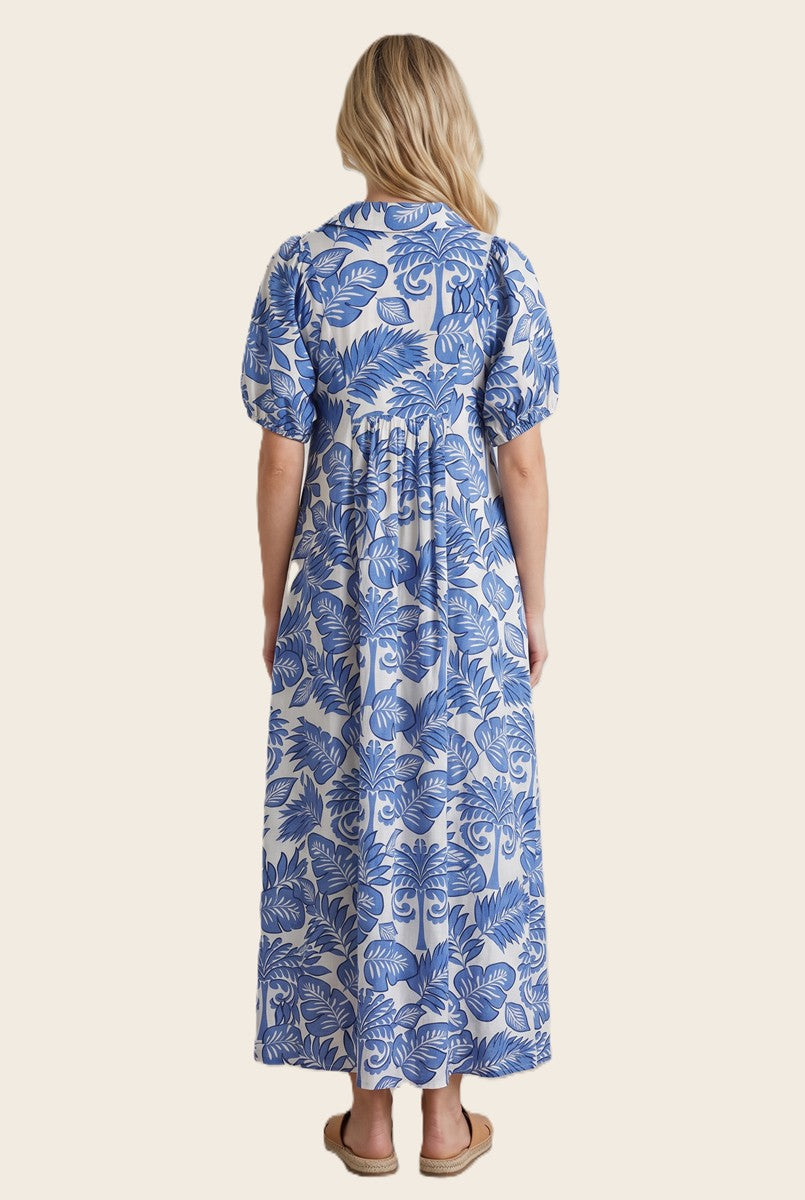 Floral & Palm Smocked Collared V-Neck Maxi Dress-Blue