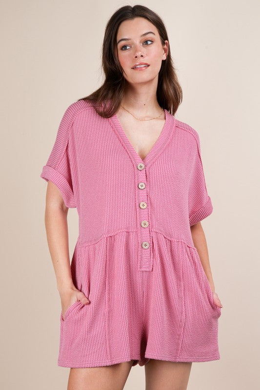 Ribbed Button Down Dolman Sleeve Romper