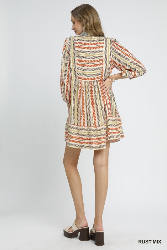 Mixed Stripes 3/4 Balloon Sleeve Dress-Rust