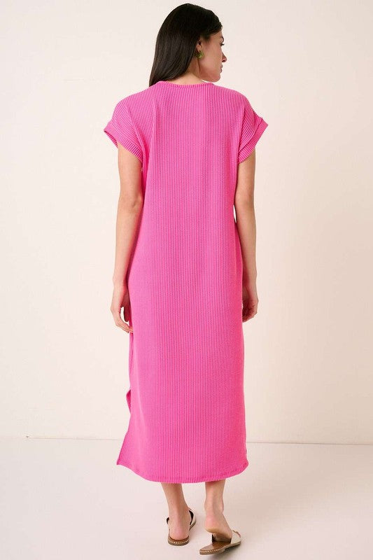 Solid Rib Knit Short Sleeve Midi Dress