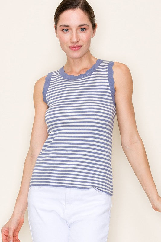 Striped Scallop Trim Sleeveless Sweater