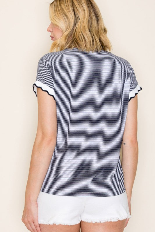 Pinstriped Scallop Edge Sleeve Top