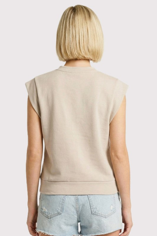 Solid Split V-Neck Cap Sleeve Terry Top