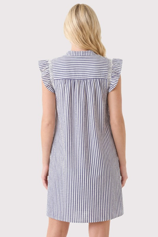Striped Frill Split Neck Ruffle Sleeve Dress-Navy