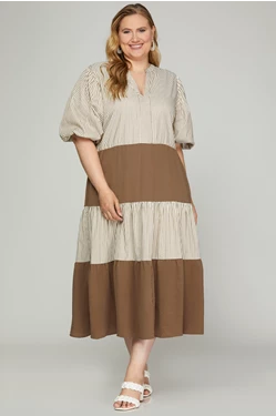 Stripe & Solid Color Block Puff Sleeve Midi Dress