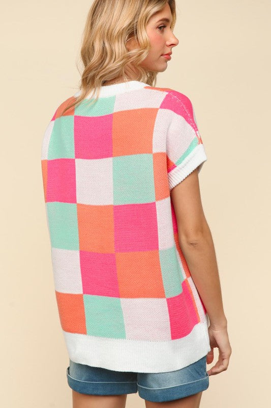 Short Dolman Sleeve Colorblock Checker Sweater