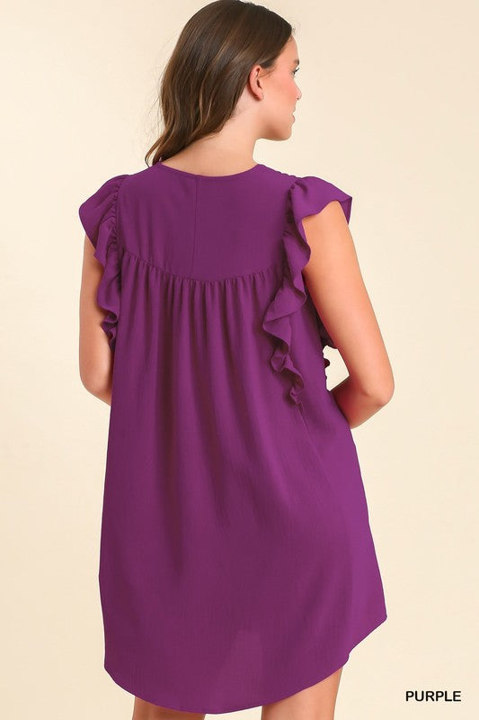 Solid V-Neck Pleat Detail Shift Dress