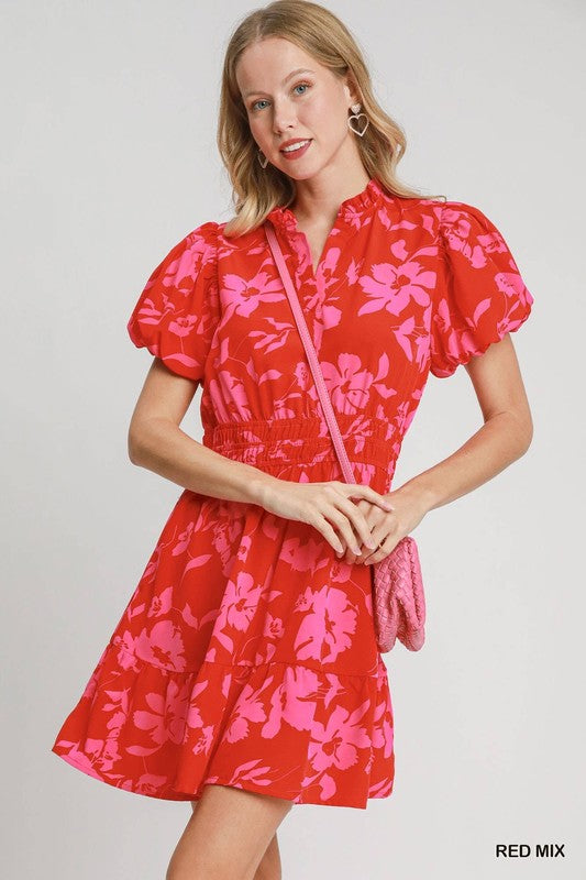 Two Tone Floral Bubble Sleeve Gathered Waist Dress