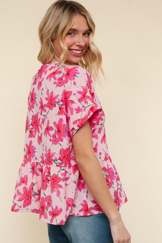 Floral Bow Ties Peplum Hem Top-Pink