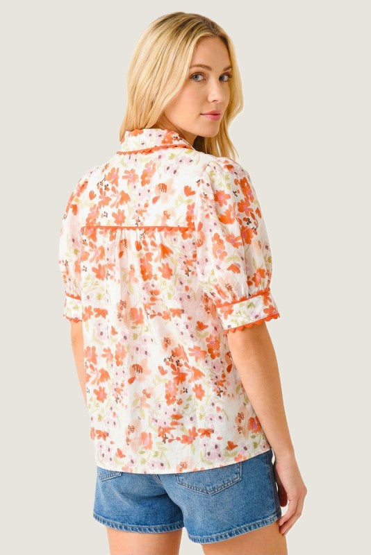 Floral Button Ric Rac Trim Puff Sleeve Top-Orange