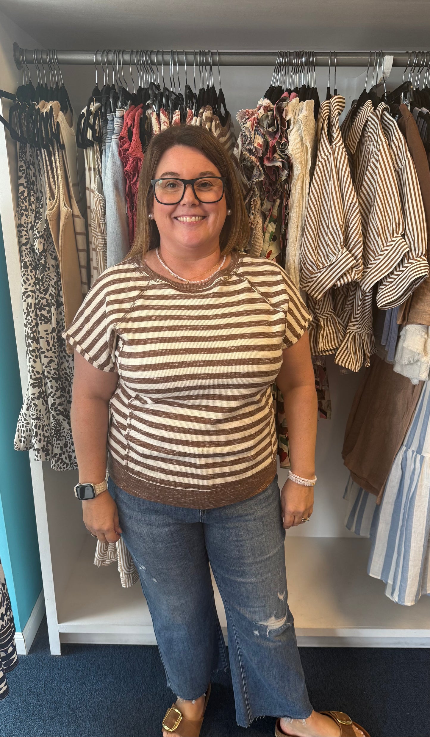 Striped Exposed Stitch Thermal Short Sleeve Top-Mocha