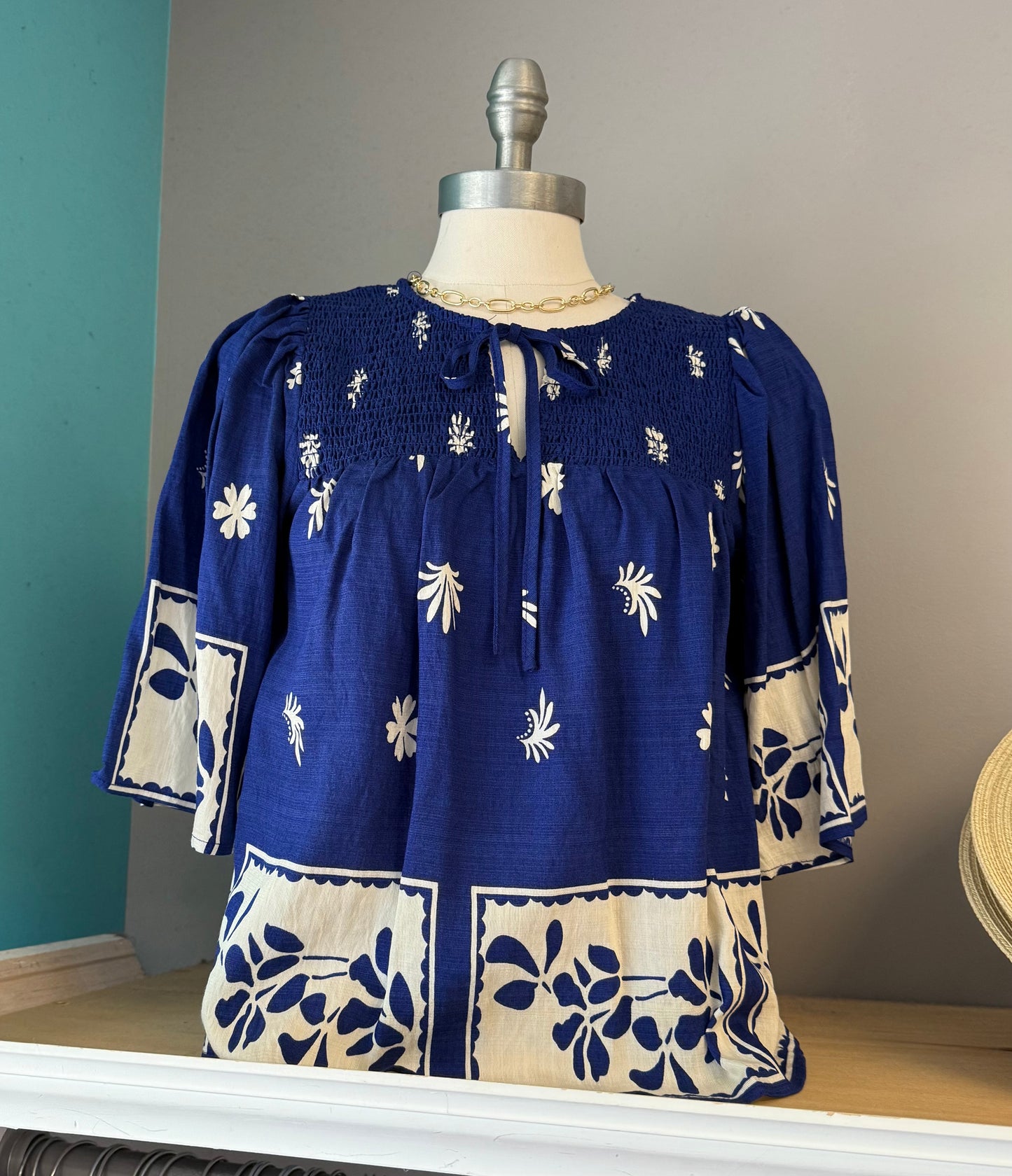 Border Floral Print Smocked Yoke 3/4 Sleeve Top-Royal