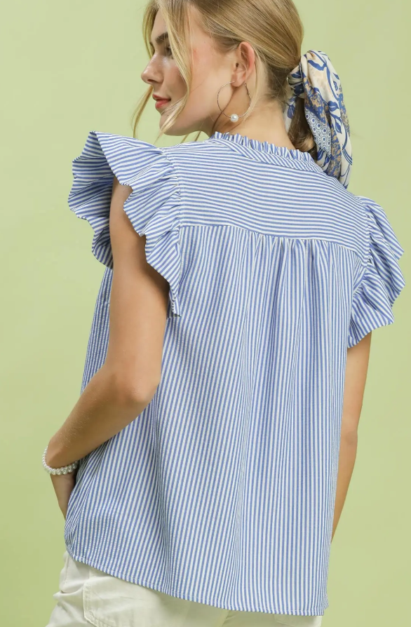 Pinstriped Ruffle Placket V-Neck Top-Blue