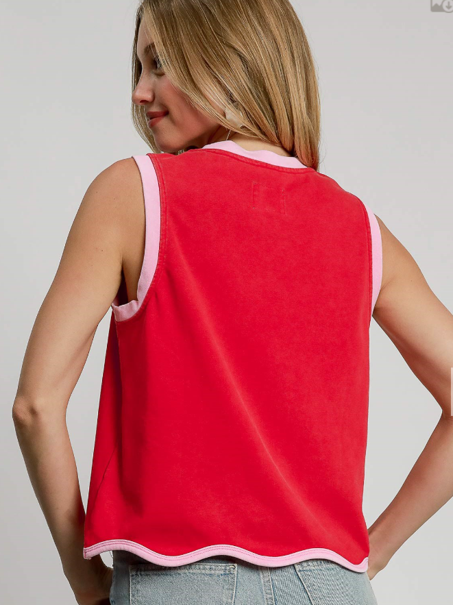 Mineral Washed Sleeveless Scallop Hem Top