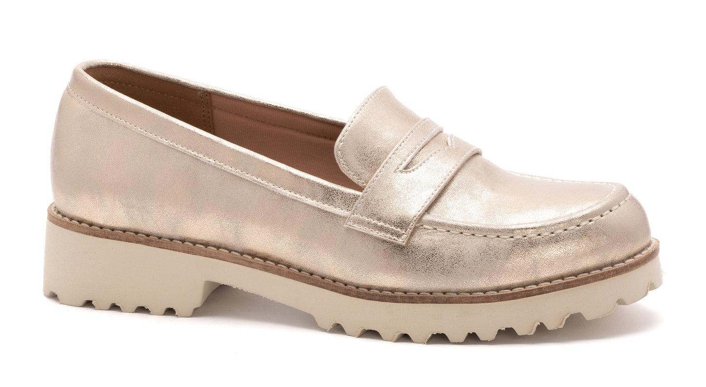 Metallic Gold Lug Ivory Bottom Penny Loafer