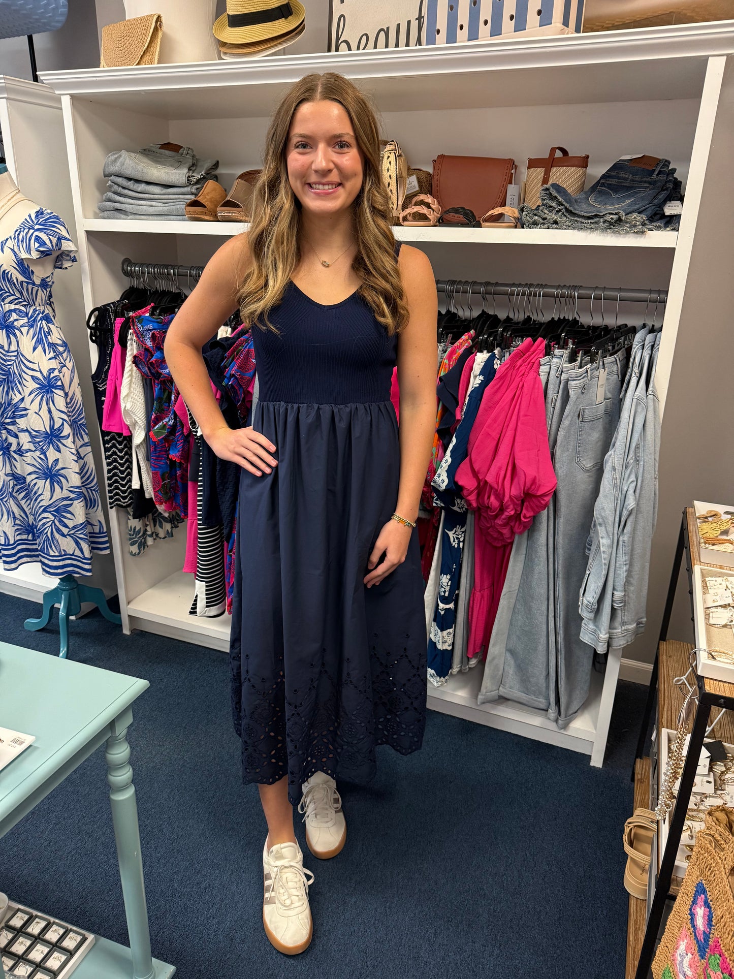 Mixed Media Eyelet Hem Midi Tank Dress-Navy
