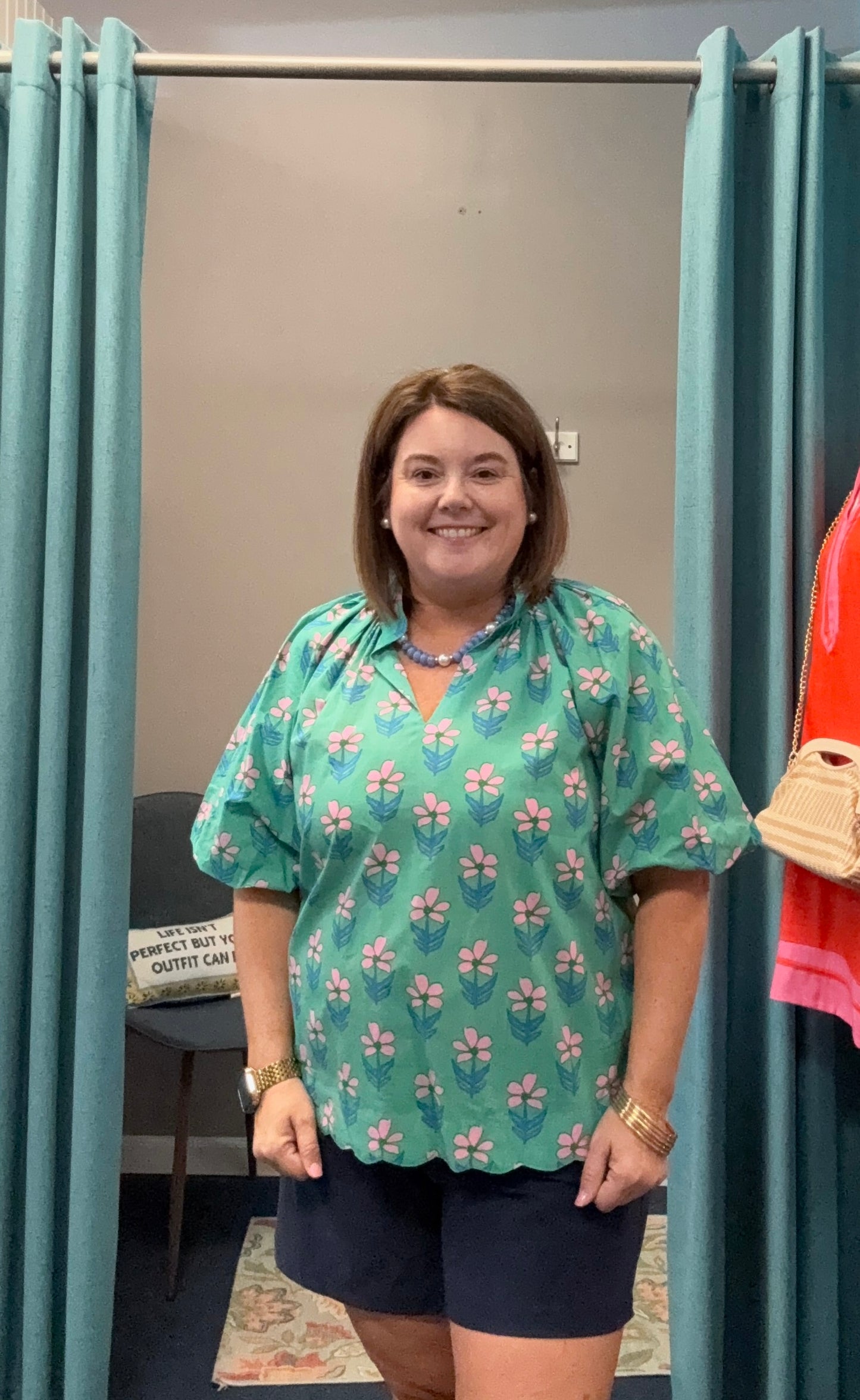 Floral Scallop V-Neck Puff Sleeve Top-Green